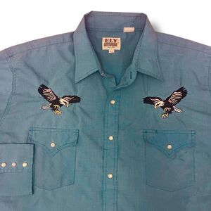 ELY‎ Cattleman Men's XL Shirt Eagles Blue Pearl Snap Distressed